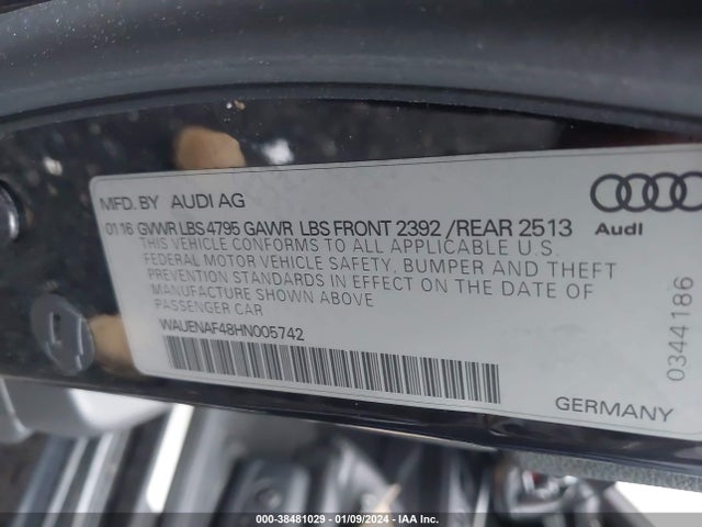 2017 AUDI A4 2.0T PREMIUM VIN: WAUENAF48HN005742