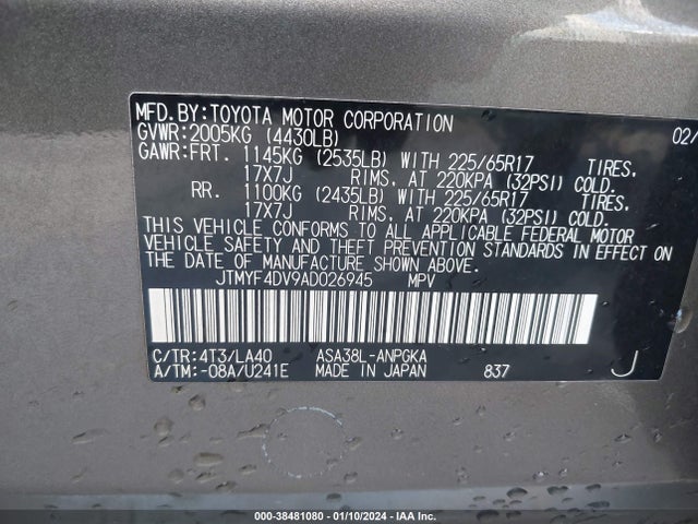 2010 TOYOTA RAV4 LIMITED VIN: JTMYF4DV9AD026945