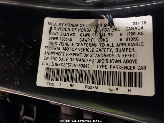 Honda Civic Lx 2018 2HGFC2F57JH559849 Image 9