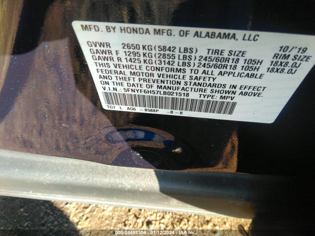 Honda Pilot Awd Ex-l 2020 5FNYF6H57LB021518 Image 9