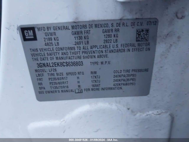 2012 CHEVROLET CAPTIVA SPORT 2LS VIN: 3GNAL2EK8CS636803