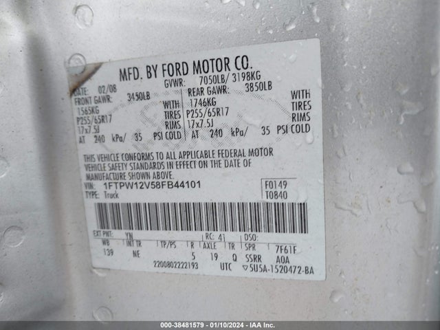 2008 FORD F-150 LARIAT/XLT VIN: 1FTPW12V58FB44101