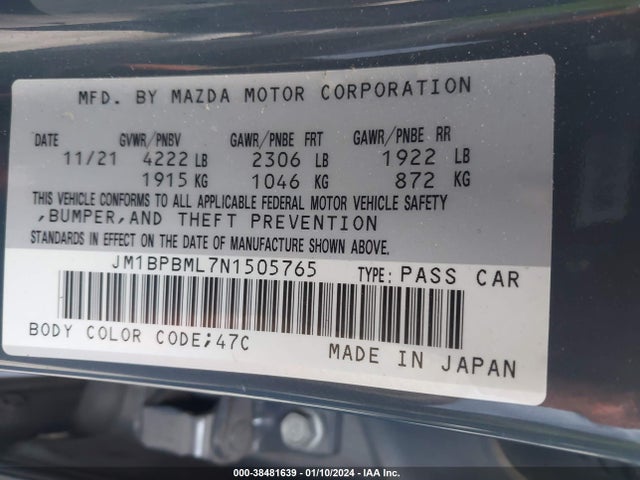 2022 MAZDA MAZDA3 PREMIUM VIN: JM1BPBML7N1505765