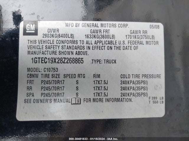 2008 GMC SIERRA 1500 WORK TRUCK VIN: 1GTEC19X28Z268865