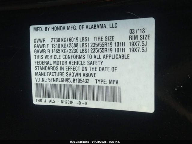 5FNRL6H95JB105432 Honda Odyssey Elite