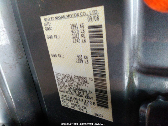 2009 NISSAN ALTIMA 2.5 S VIN: 1N4AL21E59N433708