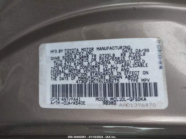 1999 TOYOTA SIENNA CE VIN: 4T3GF19C7XU158275