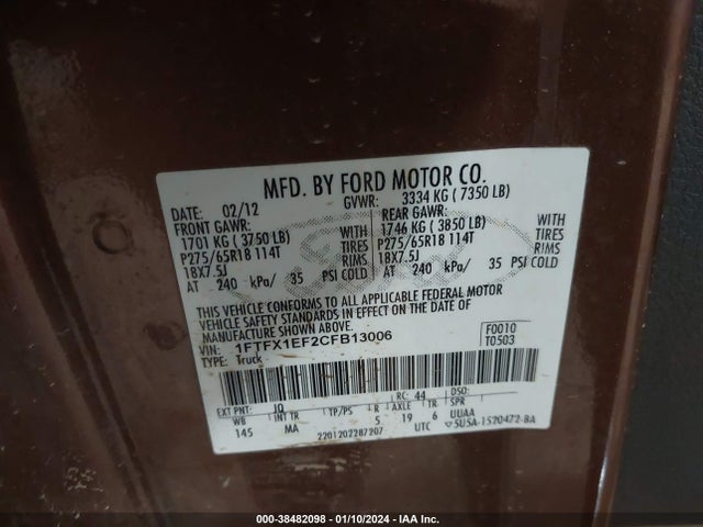 2012 FORD F-150 XLT VIN: 1FTFX1EF2CFB13006
