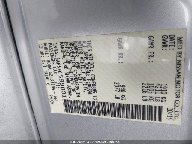 Nissan Altima 2.5 S 2015 1N4AL3AP5FC599001 Image 9
