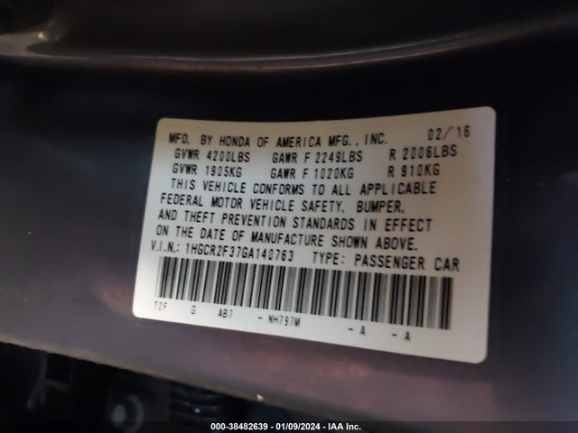 Honda ACCORD LX 2016 1HGCR2F37GA140763 Image 9