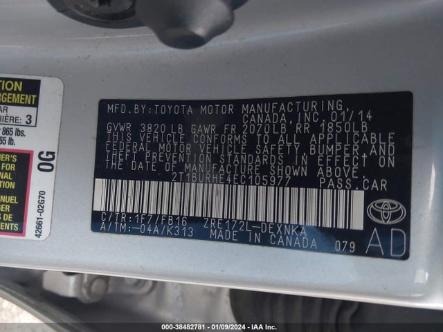Toyota COROLLA LE 2014 2T1BURHE4EC105977 Image 9