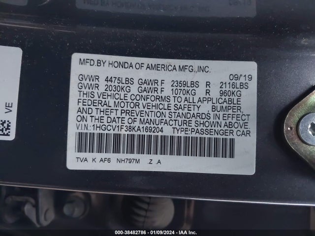 2019 HONDA ACCORD SPORT VIN: 1HGCV1F38KA169204