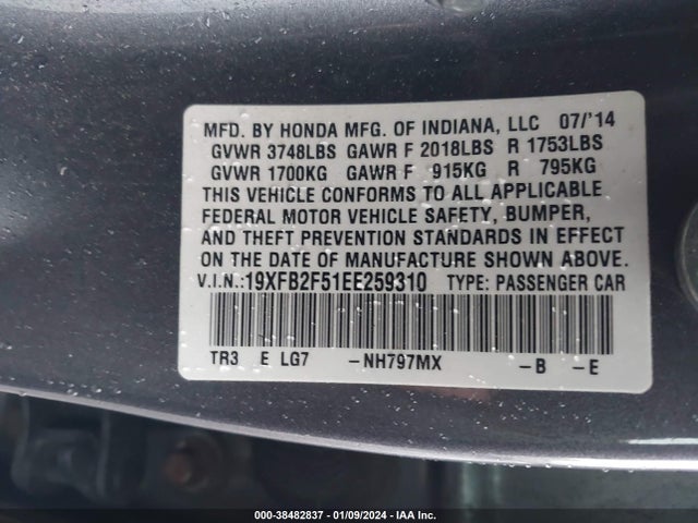 Honda Civic Lx 2014 19XFB2F51EE259310 Image 9