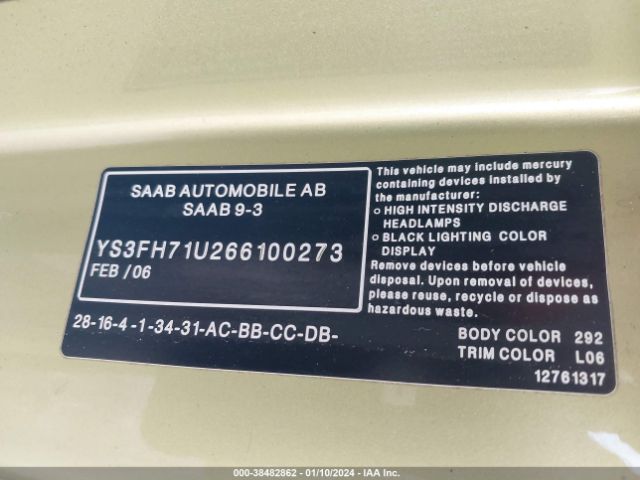 2006 SAAB 9-3 YS3FH71U266100273 Photo 8