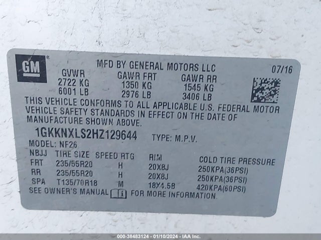 2017 GMC ACADIA DENALI VIN: 1GKKNXLS2HZ129644
