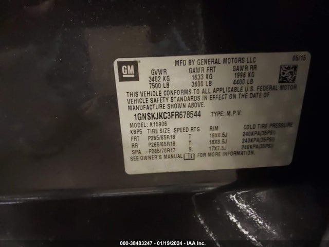 Chevrolet Suburban 1500 Lt 2015 1GNSKJKC3FR678544 Image 9
