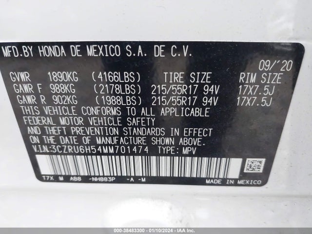 2021 HONDA HR-V AWD EX VIN: 3CZRU6H54MM701474