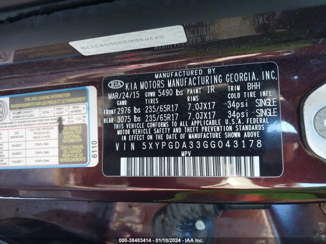 KIA Sorento 2.4l Lx 2016 5XYPGDA33GG043178 Image 9