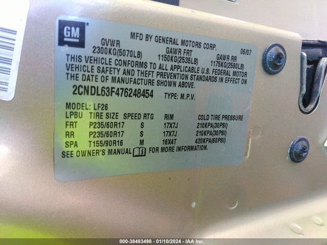 2007 CHEVROLET EQUINOX LT VIN: 2CNDL63F476248454