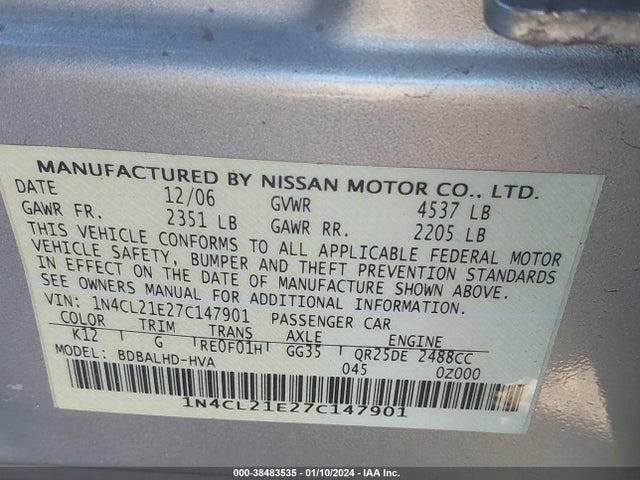 2007 NISSAN ALTIMA HYBRID VIN: 1N4CL21E27C147901