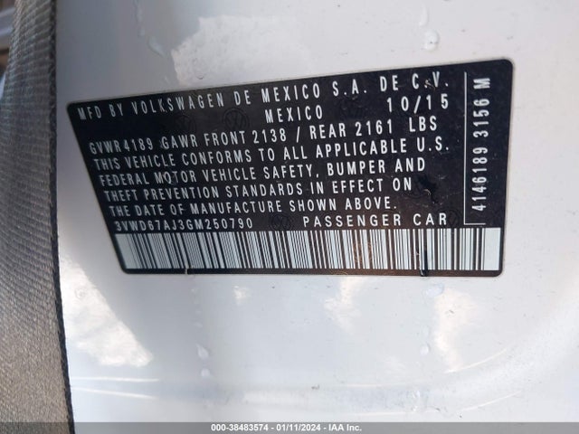 3VWD67AJ3GM250790 Volkswagen Jetta 1.4t Se