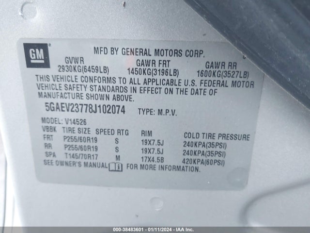 2008 BUICK ENCLAVE CXL VIN: 5GAEV23778J102074