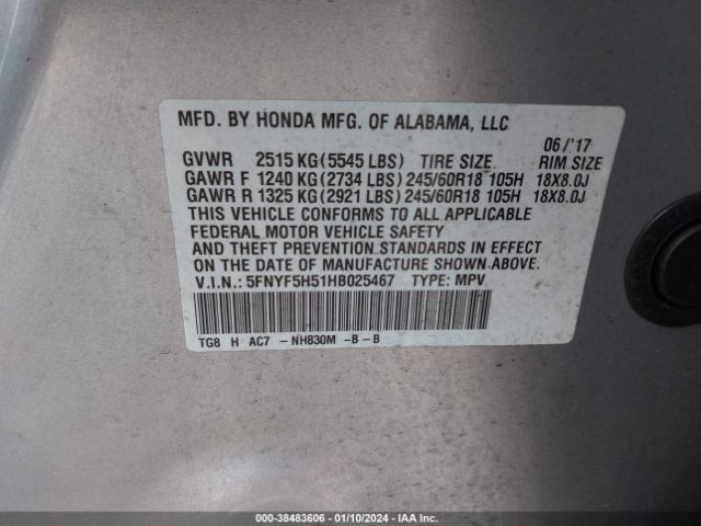 5FNYF5H51HB025467 Honda Pilot Ex-l