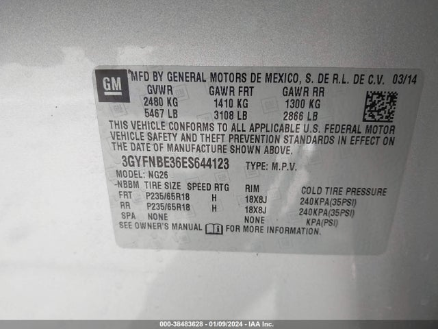 3GYFNBE36ES644123 Cadillac Srx Luxury Collection