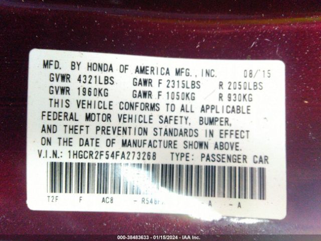 1HGCR2F54FA273268 Honda Accord Sport