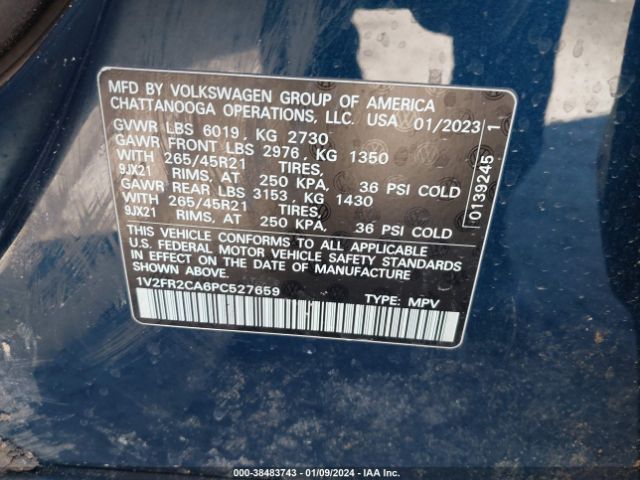 1V2FR2CA6PC527659 Volkswagen Atlas 3.6l V6 Sel Premium R-line