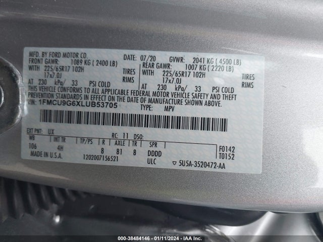 Ford ESCAPE SE 2020 1FMCU9G6XLUB53705 Image 9