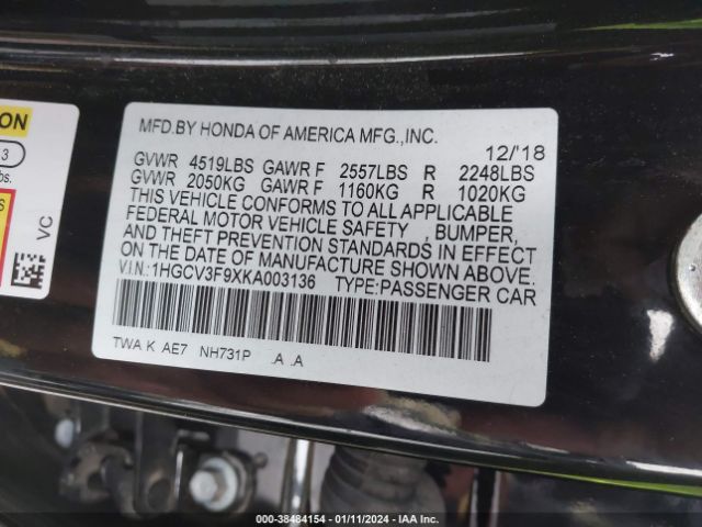 1HGCV3F9XKA003136 Honda Accord Hybrid Touring
