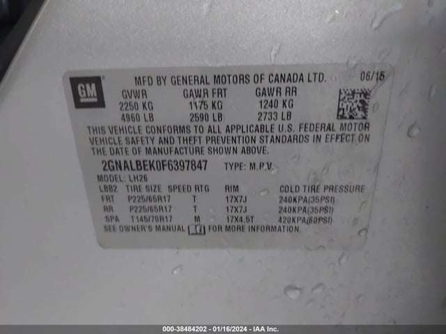 Chevrolet EQUINOX 1LT 2015 2GNALBEK0F6397847 Image 9