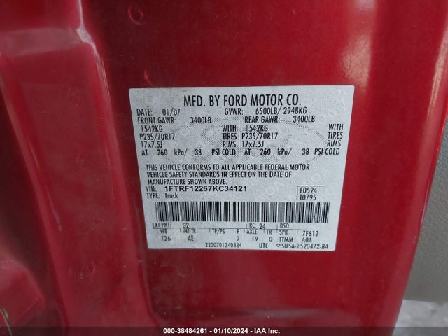 2007 FORD F-150 STX/XL/XLT VIN: 1FTRF12267KC34121