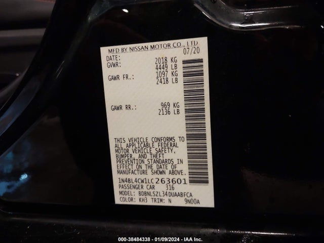 2020 NISSAN ALTIMA SR INTELLIGENT AWD VIN: 1N4BL4CW1LC263601