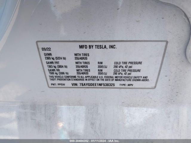 2022 TESLA MODEL Y 7SAYGDEE1NF538325 Photo 8