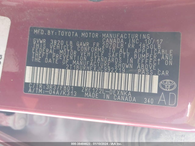 Toyota COROLLA LE 2018 2T1BURHEXJC992219 Image 9