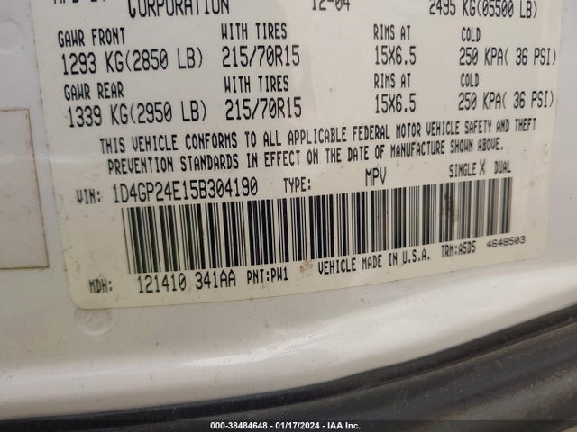 2005 DODGE GRAND CARAVAN SE VIN: 1D4GP24E15B304190