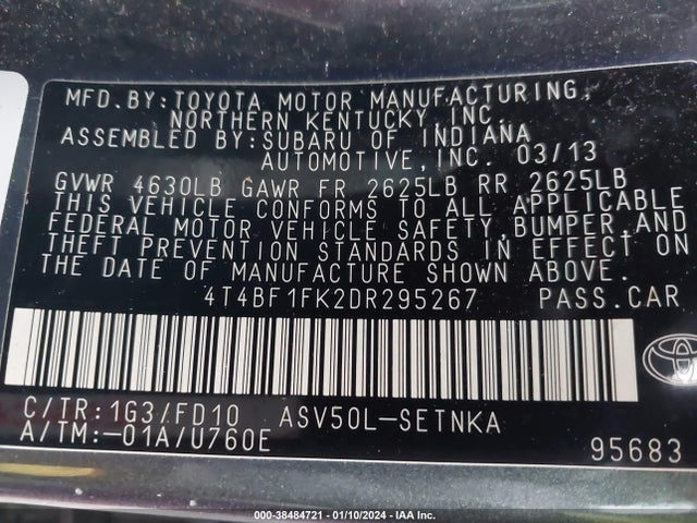 2013 TOYOTA CAMRY LE VIN: 4T4BF1FK2DR295267