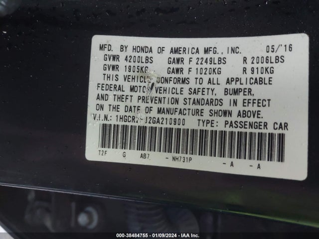 Honda ACCORD LX 2016 1HGCR2F32GA210900 Image 9