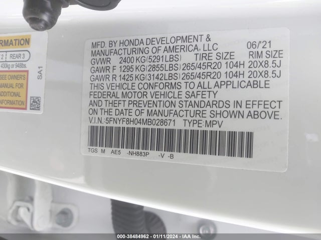 Honda Passport Awd Elite 2021 5FNYF8H04MB028671 Image 9