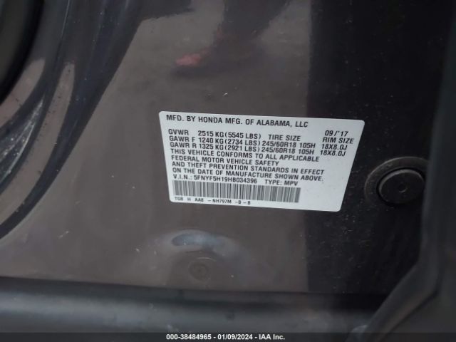 5FNYF5H19HB034396 Honda PILOT LX