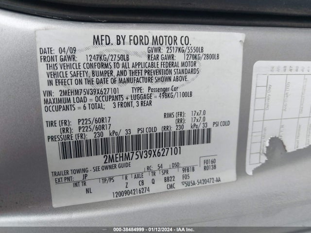 2009 MERCURY GRAND MARQUIS LS (FLEET ONLY) VIN: 2MEHM75V39X627101