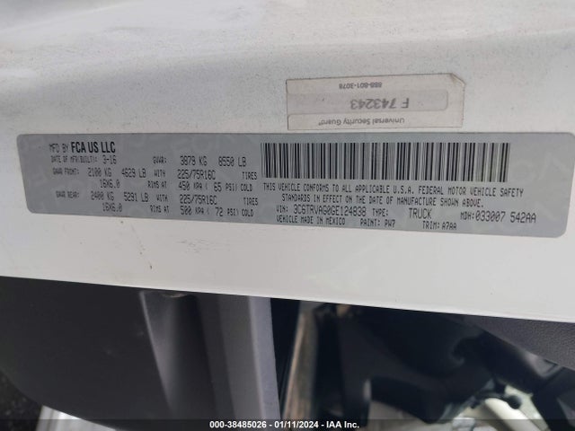 3C6TRVAG0GE124838 RAM Promaster 1500 Low Roof