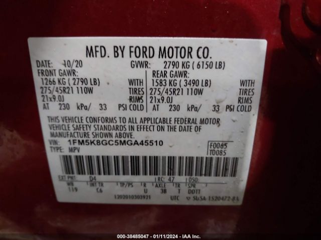 1FM5K8GC5MGA45510 Ford Explorer St