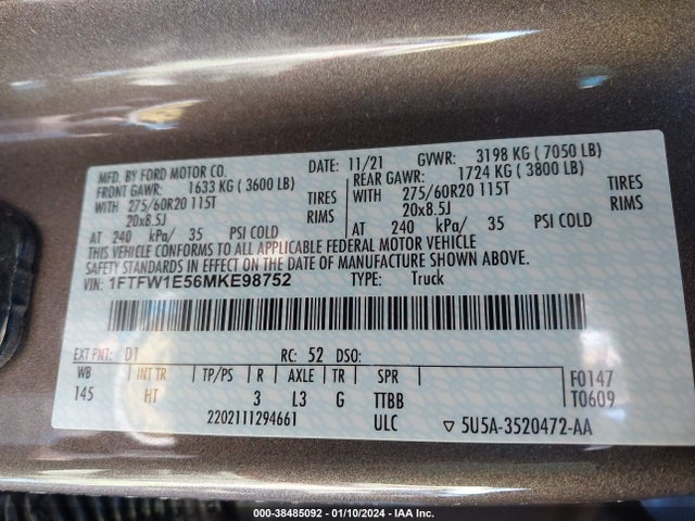 2021 FORD F-150 LARIAT VIN: 1FTFW1E56MKE98752