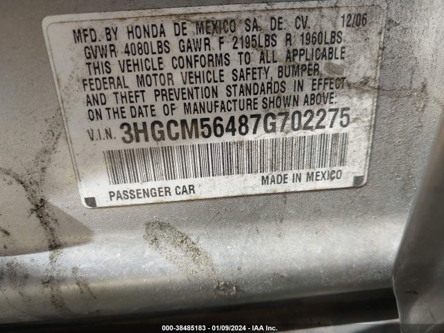 2007 HONDA ACCORD 2.4 LX VIN: 3HGCM56487G702275