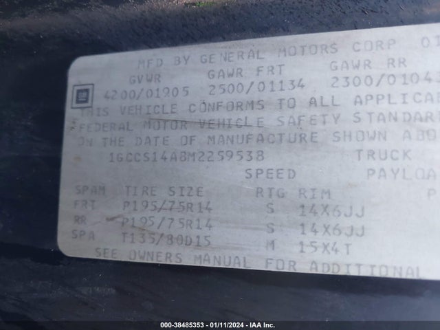 1991 CHEVROLET S TRUCK S10 VIN: 1GCCS14A8M2259538