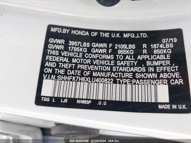 Honda CIVIC EX 2020 SHHFK7H6XLU400822 Image 9