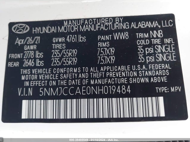 2022 HYUNDAI TUCSON SEL VIN: 5NMJCCAE0NH019484